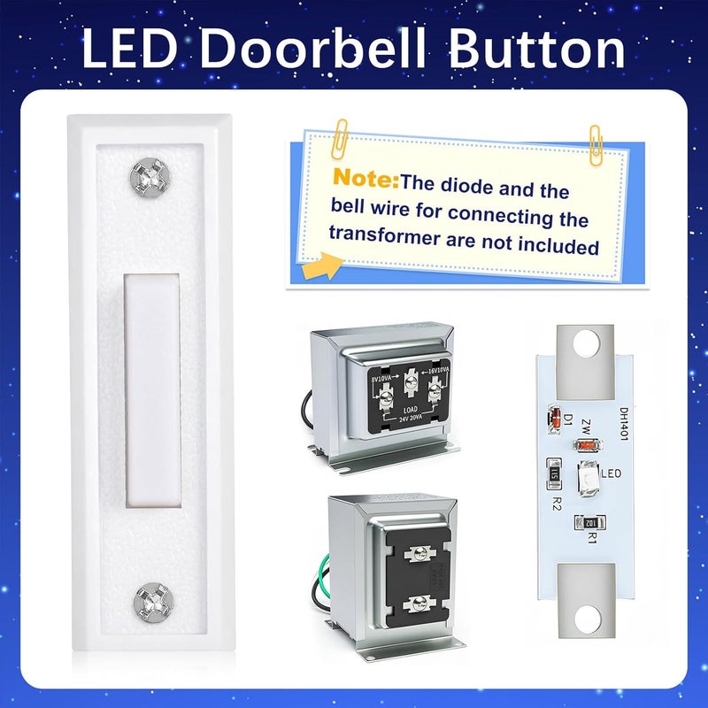 AUGHOA Lighted Doorbell Button, Wall Mounted Doorbell Switch with LED Light, Wired Door Bell Push Buttons for Garage Door Opener, Transformer, Ringers, Buzzers (White) - Image 2
